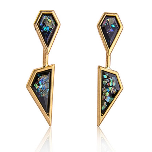 New Black Iridescent Double-Sided Gold Plated Statement Earrings. - Picture 1 of 15